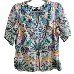 Talbots Women’s Medium 100% Cotton Paisley Tropical Print Blouse Short Sleeve
